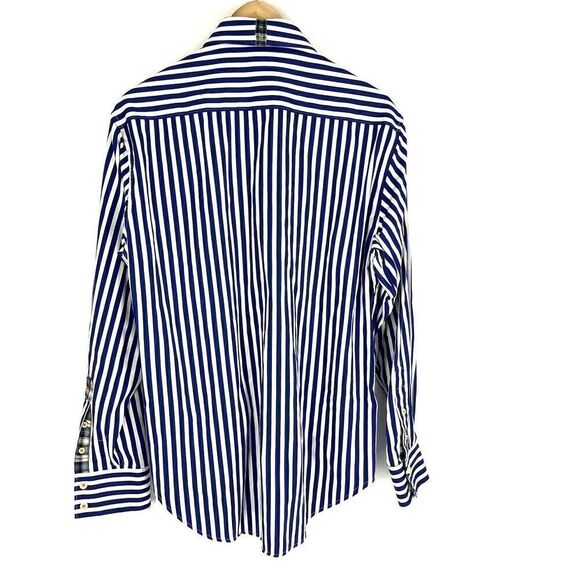 Robert Graham X Shirt Size Medium Mens Blue White Stripe Flip Cuff Tailored Fit - Picture 7 of 8